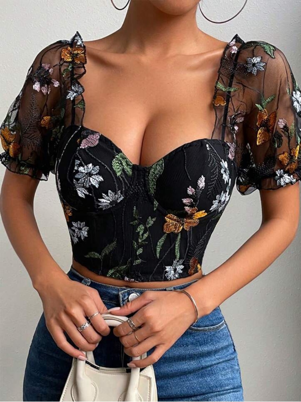 Floral Embroidered Black Mesh Puff-Sleeve Corset Top